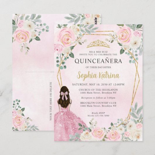 Blush Pink Gold Floral Princess Tiara Quinceañera Briefkaart (Voorkant / Achterkant)
