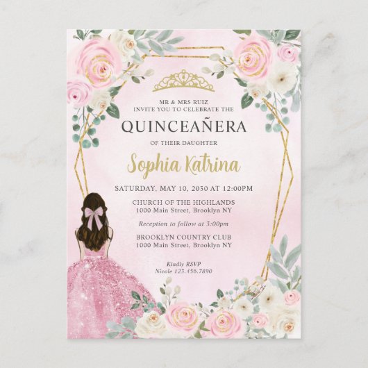 Blush Pink Gold Floral Princess Tiara Quinceañera Briefkaart (Voorkant)