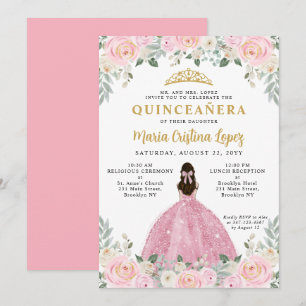 Blush Pink Gold Floral Princess Tiara Quinceañera Kaart