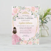 Blush Pink Gold Floral Princess Tiara Quinceañera Kaart (Staand voorkant)