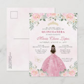 Blush Pink Gold Floral Princess Tiara Quinceañera Uitnodiging Briefkaart (Voorkant / Achterkant)