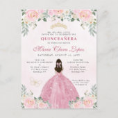 Blush Pink Gold Floral Princess Tiara Quinceañera Uitnodiging Briefkaart (Voorkant)