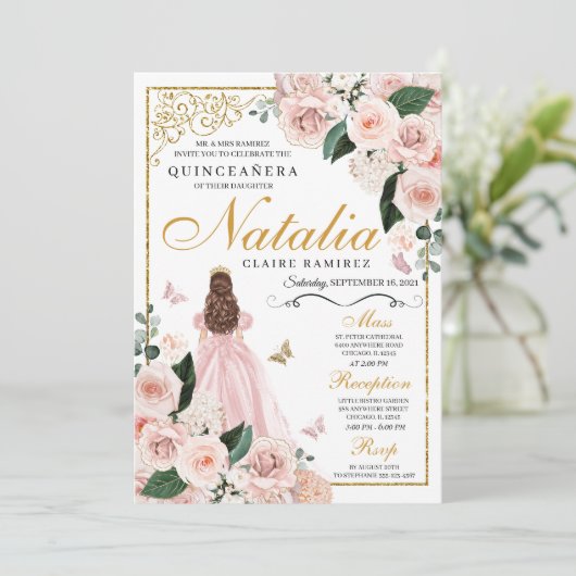 Blush Pink Gold Floral Prinses Quinceanera Kaart (Staand voorkant)