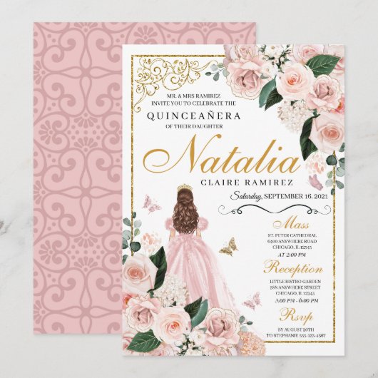 Blush Pink Gold Floral Prinses Quinceanera Kaart (Voorkant / Achterkant)