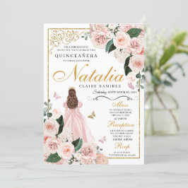 Blush Pink Gold Floral Prinses Quinceanera Kaart