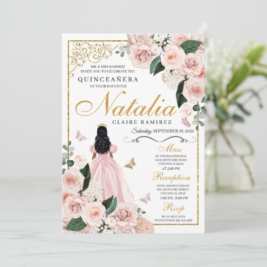 Blush Pink Gold Floral Prinses Quinceanera Kaart (Staand voorkant)