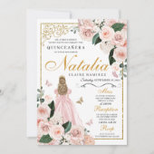 Blush Pink Gold Floral Prinses Quinceanera Kaart (Voorkant)