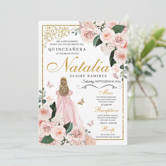 Blush Pink Gold Floral Prinses Quinceanera Kaart (Staand voorkant)