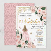 Blush Pink Gold Floral Prinses Quinceanera Kaart (Voorkant / Achterkant)