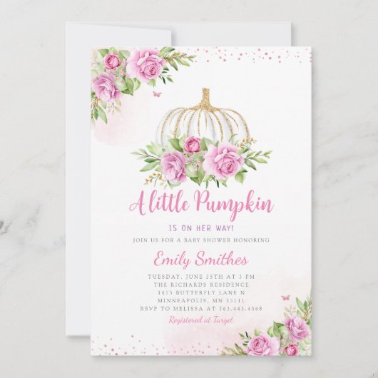 Blush Pink Gold Floral Pumpkin Girl Baby shower Kaart (Voorkant)