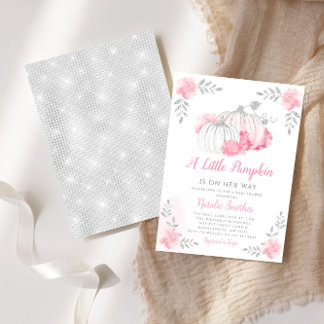 Blush Pink Gold Floral Pumpkin Girl Baby shower Kaart