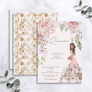 Blush Pink Gold Floral Quinceañera 15e verjaardag Kaart