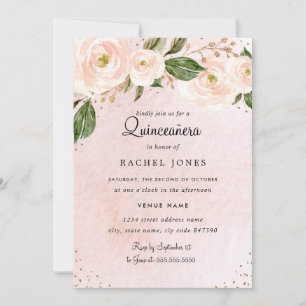 Blush Pink Gold Floral Quinceanera Birthday Kaart