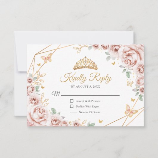 Blush Pink Gold Floral Quinceanera Reply RSVP Kaartje (Voorkant)
