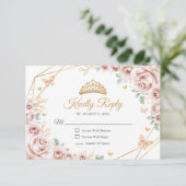 Blush Pink Gold Floral Quinceanera Reply RSVP Kaartje (Staand voorkant)