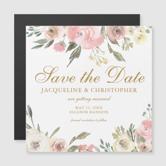 Blush Pink Gold Floral Save the Date Magnetic Kaar (Voorkant / Achterkant)