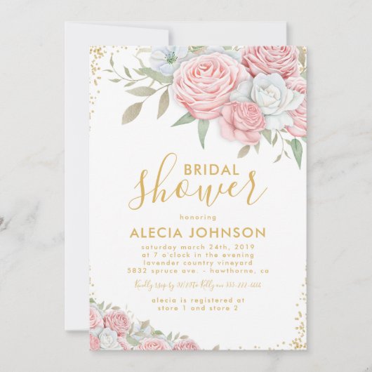 Blush Pink Gold Floral Sparkle Vrijgezellenfeest Kaart (Voorkant)