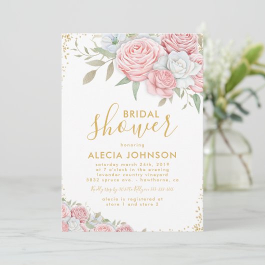 Blush Pink Gold Floral Sparkle Vrijgezellenfeest Kaart (Staand voorkant)