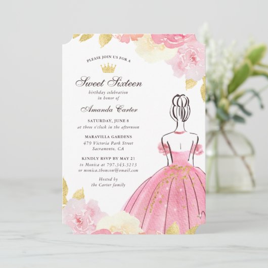 Blush Pink Gold Floral Sweet Sixteen Kaart (Staand voorkant)