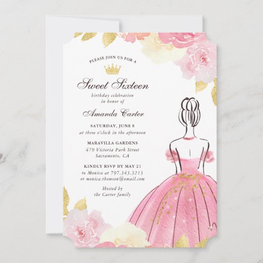 Blush Pink Gold Floral Sweet Sixteen Kaart (Voorkant)