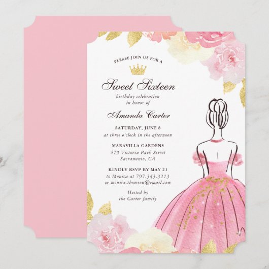 Blush Pink Gold Floral Sweet Sixteen Kaart (Voorkant / Achterkant)