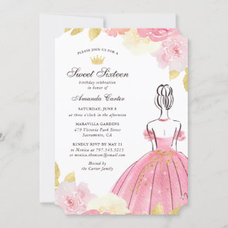 Blush Pink Gold Floral Sweet Sixteen Kaart