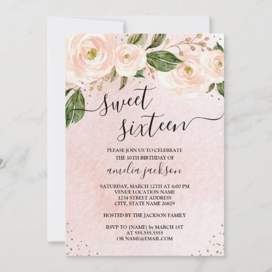 Blush Pink Gold Floral Sweet Sixteen Kaart (Voorkant)