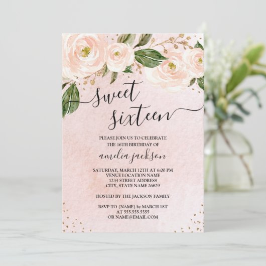 Blush Pink Gold Floral Sweet Sixteen Kaart (Staand voorkant)