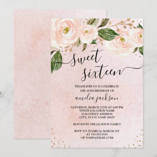 Blush Pink Gold Floral Sweet Sixteen Kaart (Voorkant / Achterkant)