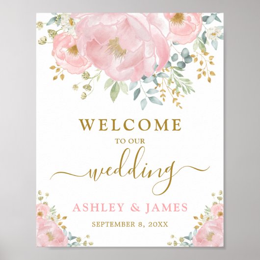  Blush Pink Gold Floral Weddenschap Welkom Poster (Voorkant)