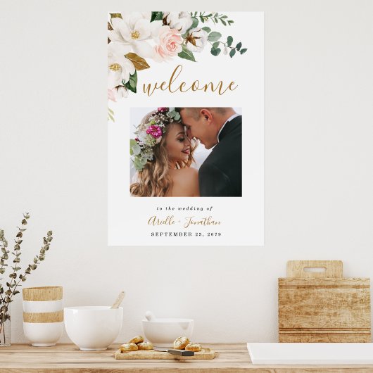 Blush Pink Gold Floral Weddenschap Welkomstfoto Te Poster (Keuken)