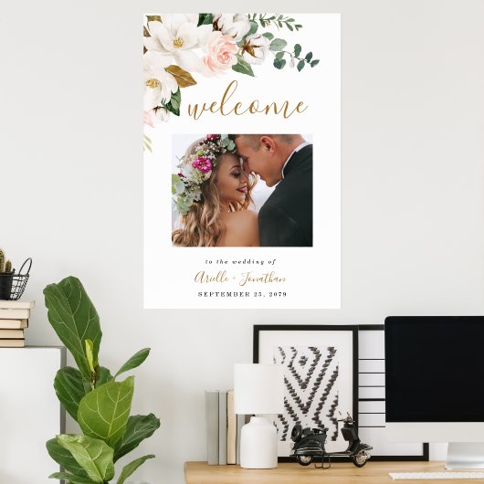 Blush Pink Gold Floral Weddenschap Welkomstfoto Te Poster (Thuiskantoor)
