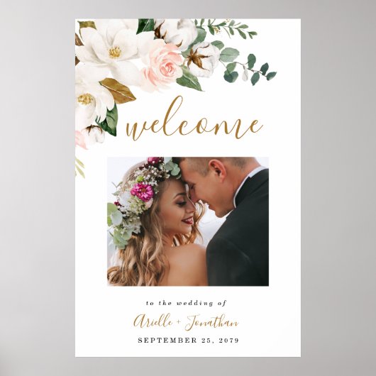 Blush Pink Gold Floral Weddenschap Welkomstfoto Te Poster (Voorkant)