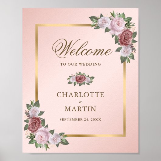 Blush Pink Gold Floral Weddenschap Welkomstteken Poster (Voorkant)