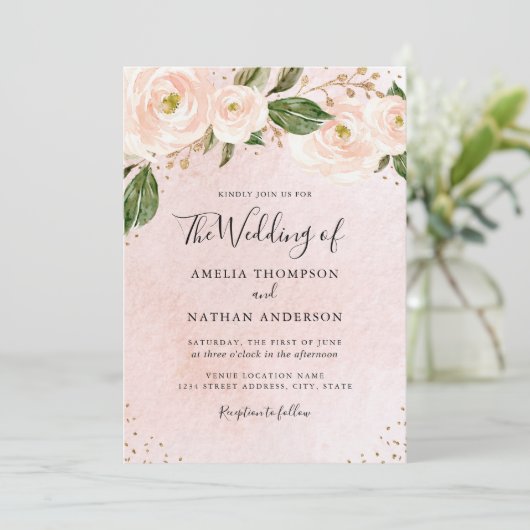 Blush Pink Gold Floral Wedding Kaart (Staand voorkant)