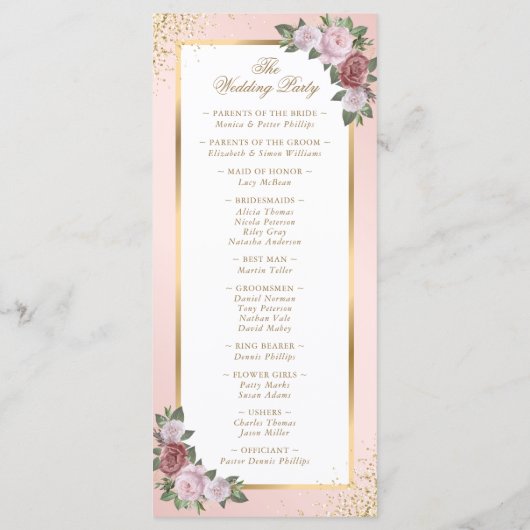 Blush Pink Gold Floral Wedding Programmakaart (Achterkant)