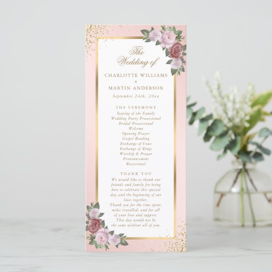Blush Pink Gold Floral Wedding Programmakaart (Staand voorkant)