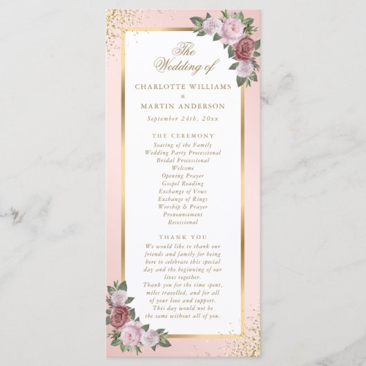 Blush Pink Gold Floral Wedding Programmakaart (Voorkant)