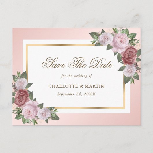 Blush Pink Gold Floral Wedding Save the Date Aankondigingskaart (Voorkant)