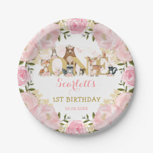 Blush Pink Gold Floral Woodland 1e verjaardag Papieren Bordje