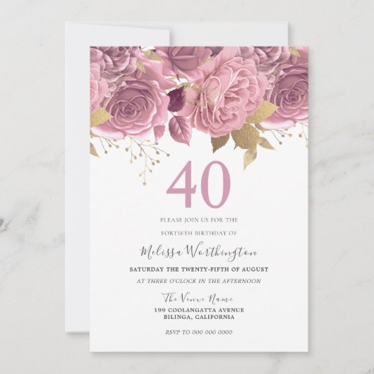 Blush Pink Gold Flowers 40e verjaardag Kaart (Voorkant)