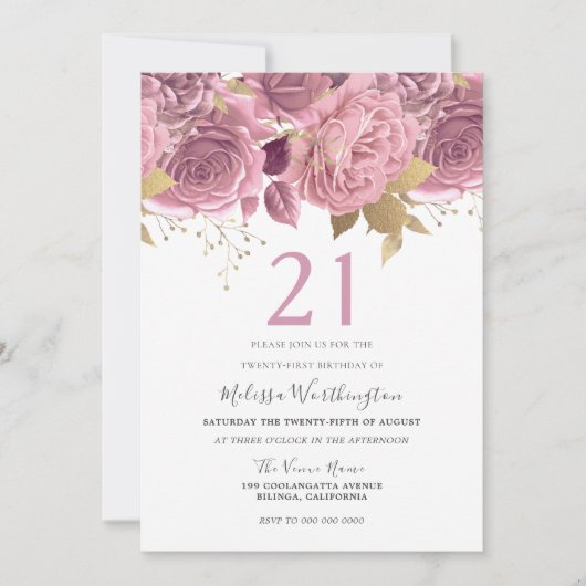 Blush Pink Gold Flowers Girls 21e verjaardag Kaart (Voorkant)