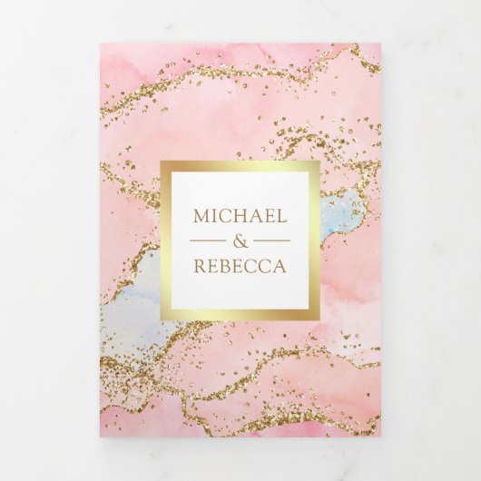 Blush Pink Gold Foil Agate Marble QR Code Weddensc Drieluik Uitnodiging (Cover)