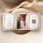 Blush Pink Gold Foil Agate Marble QR Code Weddensc Drieluik Uitnodiging