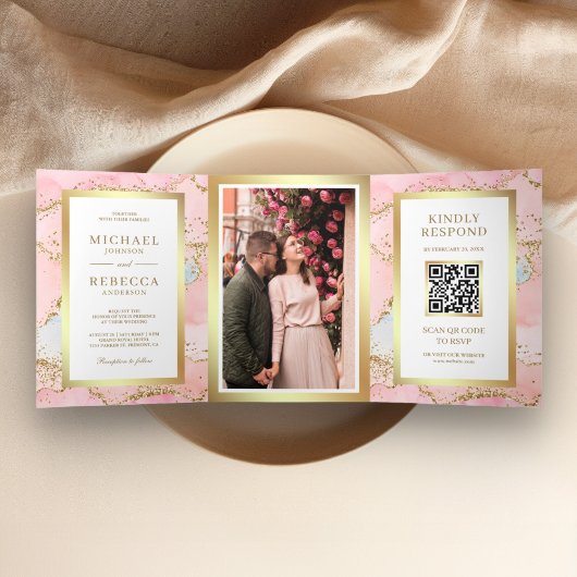 Blush Pink Gold Foil Agate Marble QR Code Weddensc Drieluik Uitnodiging