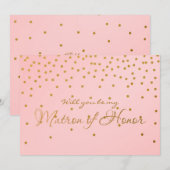 Blush Pink Gold Foil Confetti MATRON OF HONOR kaar Kaart (Voorkant / Achterkant)