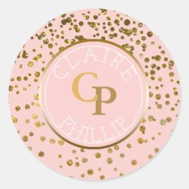 Blush Pink Gold Foil Confetti | Monogram bruiloft Ronde Sticker