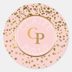 Blush Pink Gold Foil Confetti Monogram bruiloft Ronde Sticker