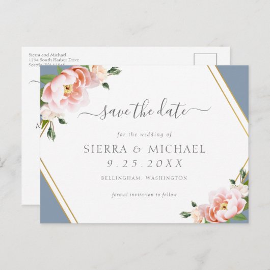 Blush Pink Gold Geometric Dusty Blue Save the Date Aankondigingskaart (Voorkant / Achterkant)