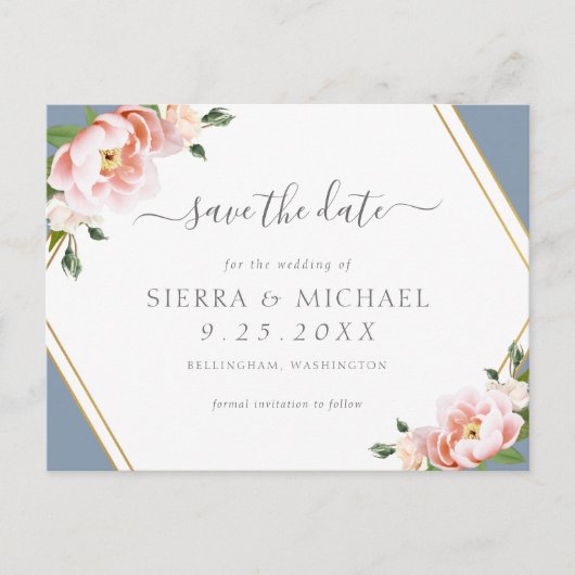 Blush Pink Gold Geometric Dusty Blue Save the Date Aankondigingskaart (Voorkant)